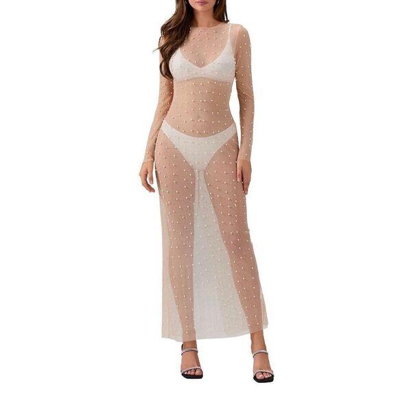 Louatui Women's Mesh Pearl Cover Up See Through Long Sleeve Dress Summer Swimwea - Picture 2 of 11